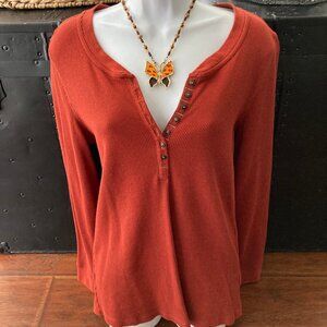 Natural Reflections Women's Burnt Orange Ribbed Henley Long Sleeve Top